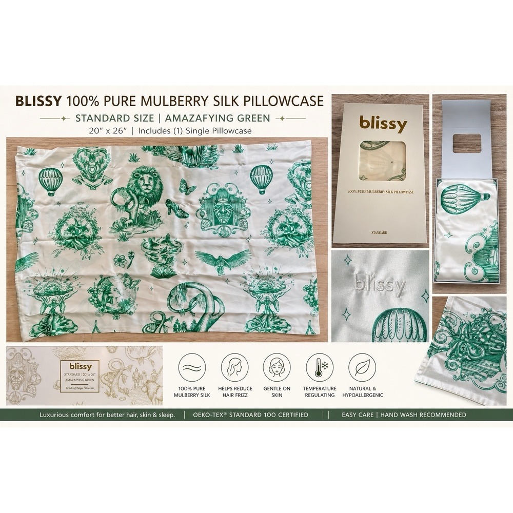 Blissy 100% Mulberry Silk Standard Pillowcase Green Wicked Katie Kime New